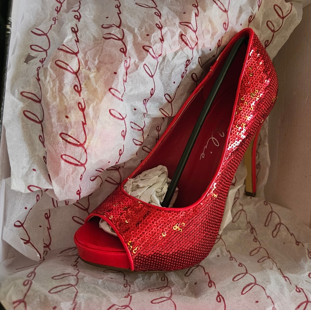 Ellie Shoes Glittering Red Peep-Toe Heels